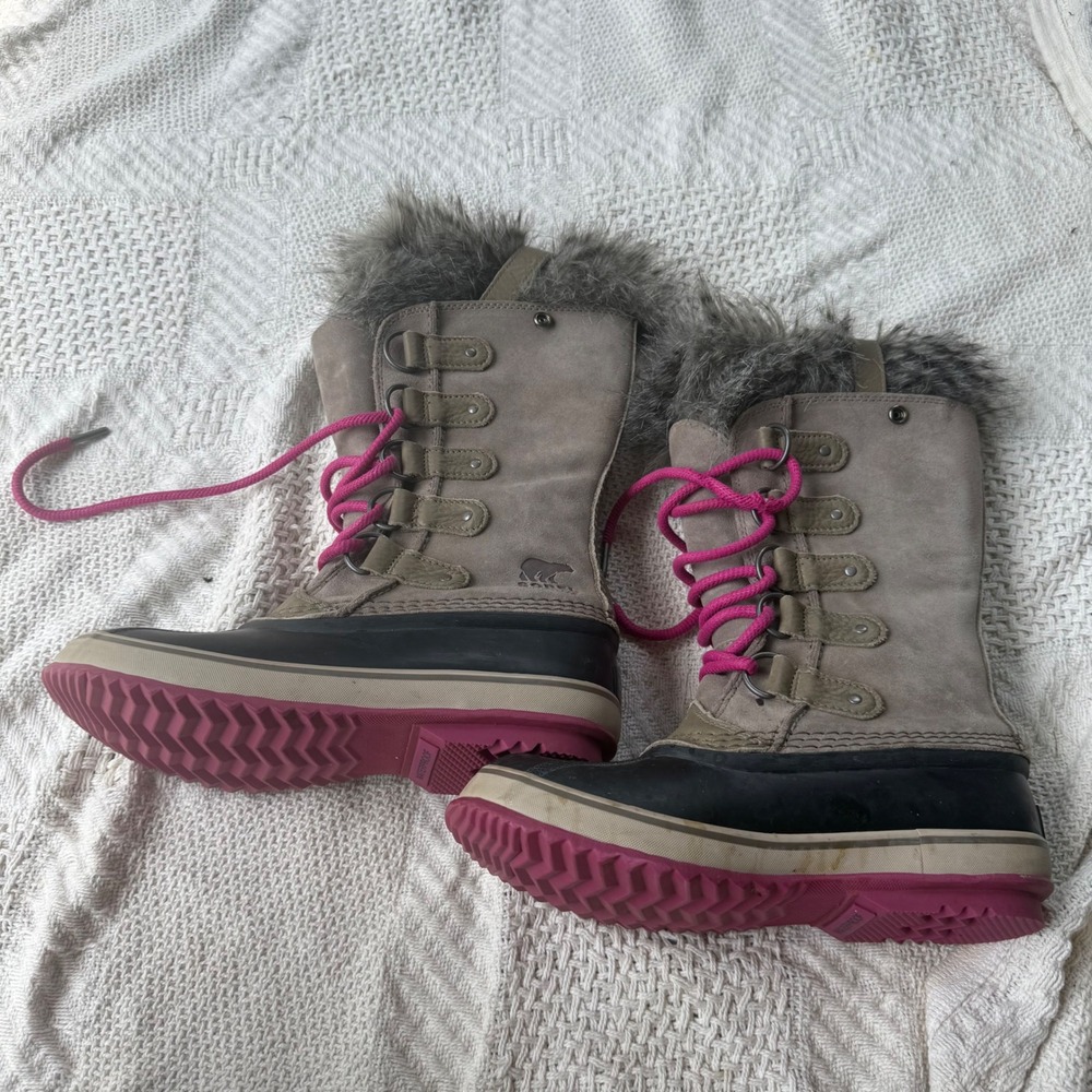 Sorel Winter Carnival Waterproof Boots Tan Pink Faux Fur NL2429-227 Womens 7.5